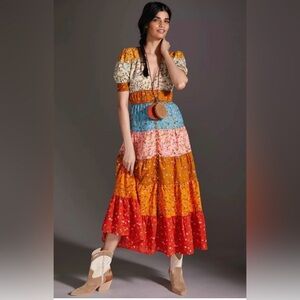 Anthropologie Tiered & True Floral Boho Dress Cottage Core Fiesta Size Small